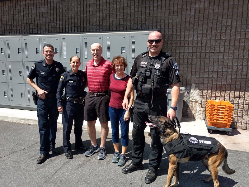 Cpt Aaron Fate, Claremont PD Chief Shelly vander Veen, Officer Snyder, K9 Luther with Rick and Rhonda Speiers