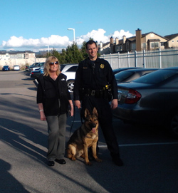 Click to see giant picture El Cerrito resident Ginger Cava with El Cerrito PD Officer Leone and K9 King