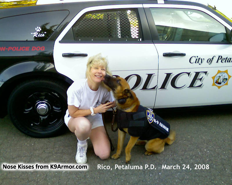 K9 Rico Petaluma PD gives Suzanne Saunders k9 kisses for his K9 Armor vest