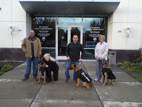 Richmond PD Officers Joe Avila with K9 Bosco, Suzanne Saunders of K-9 Armor, Aaron Mandell and K9 Rasp and El Cerrito PD Officer Danielle Bowler and K9 Ivan