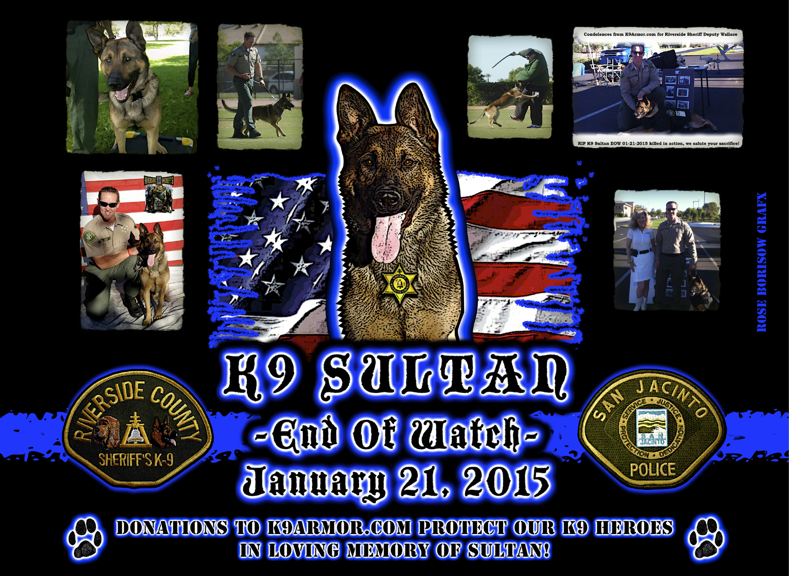 Donations to K9Armor.com protect our K9 Heroes in loving memory of K9 Sultan. Memorial Tribute by Officer Rose Borisow Donations to K9Armor.com protect our K9 Heroes in loving memory of K9 Sultan. Memorial Tribute by Officer Rose Borisow