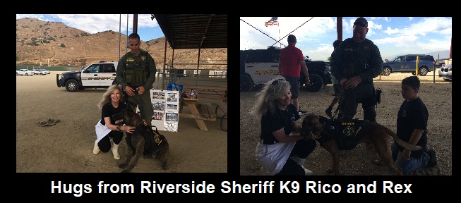 Hugs from Suzanne, K9 Armor cofounder and Riverside Sheriff Deputy Romero with K9 Rico and Deputy Ray with K9 Rex at the Riverside K9 Trials 2019
