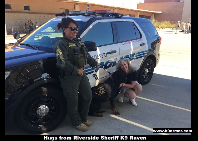 Hugs from Deputy Sandoval with K9 Raven and Suzanne Saunders cofounder of K9 Armor