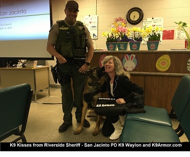K9 Kisses from Riverside Sheriff K9 Waylon and K9 Armor Board members Corporal Jeffrey Hurd and Suzanne Saunders