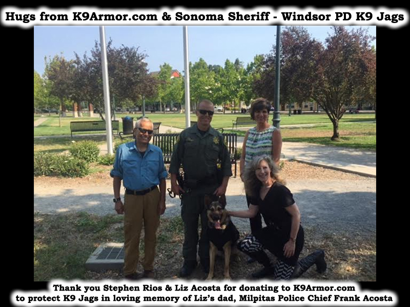 Pictured back row L-R Stephen Rios, Sonoma Sheriff - Windsor PD Deputy Brian Parks and Liz Acosta, front row K9 Jags & K9 Armor cofounder Suzanne Saunders