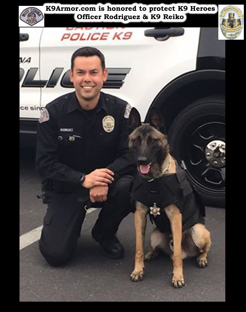 West Covina Police Officer Rodriguez and Reiko wearing his K9 Armor vest and Medal of Valor