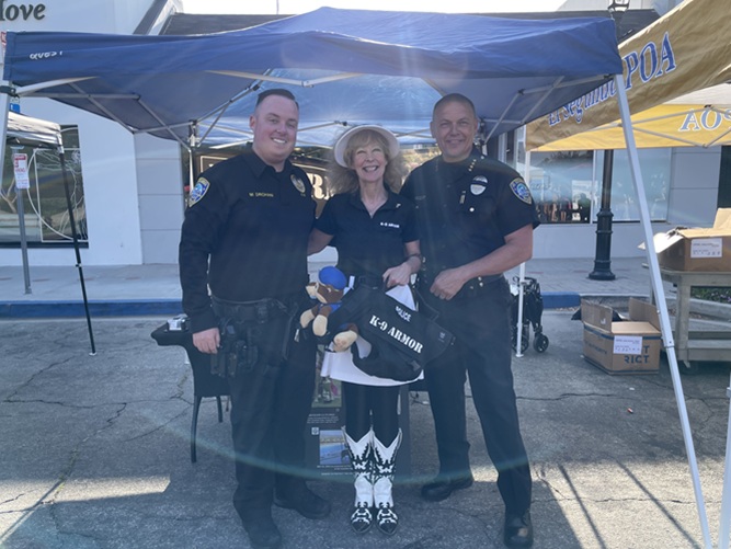 Smiles from El Segundo K9 Lana and partner Officer Drohan and Chief Rodriguez with K9 Armor cofounder Suzanne at National Night Out