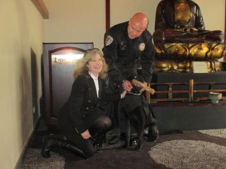 K9 Armor cofounder Suzanne Saunders donating vests to Riverside PD Officer Darrell Hill for K9 Noran and on the right, Hemet PD Officer Matthew Gomez for K9 Jack. Pictures by Brian Rokos for the Press Enterprise click the pictures to open the article.