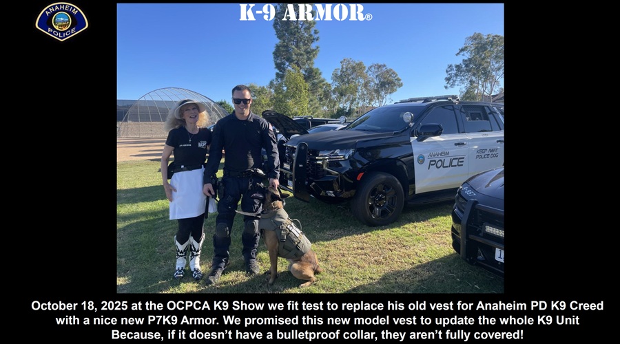 October 18, 2025 at the OCPCA K9 Show we fit test to replace his old vest for Anaheim PD K9 Creed with a new P7K9 Armor