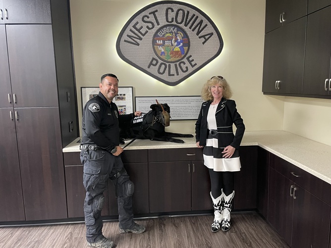 Hugs from West Covina Police Officer Rodriguez and K9 Rancho and K-9 ARMOR cofounder Suzanne Hugs from West Covina Police Officer Rodriguez and K9 Rancho and K-9 ARMOR cofounder Suzanne