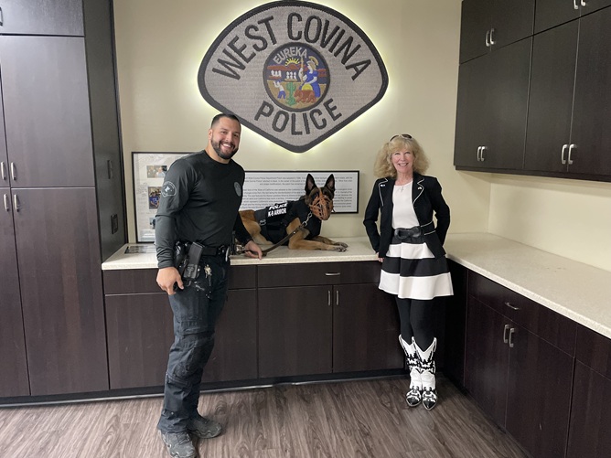 Hugs from West Covina Police Officer Quezada and K9 Roscoe and K-9 ARMOR cofounder Suzanne